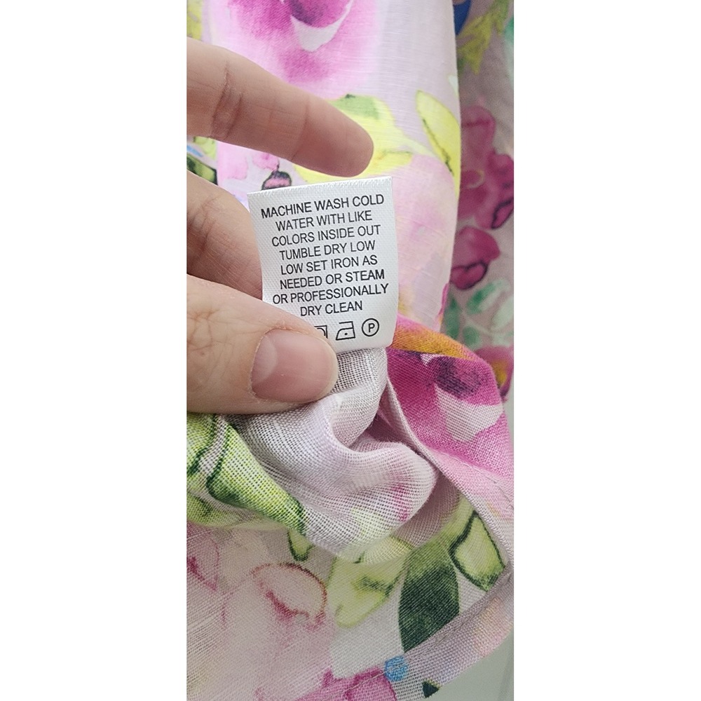 Hester & Orchard Linen Blend Floral Blouse Pink Ruffle V-Neck Top Large - Picture 6 of 8
